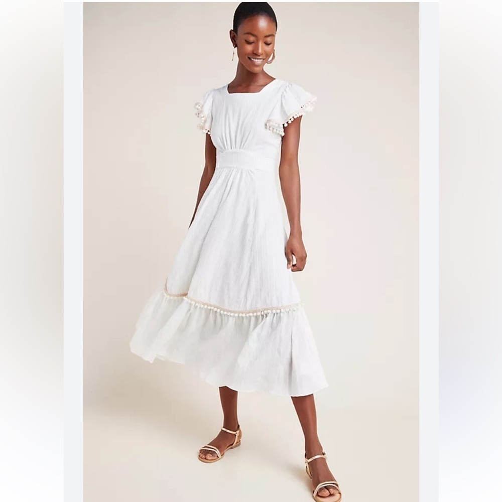 Anthropologie Misa Sarina Corinne Midi Pom Pom Dress White Size M